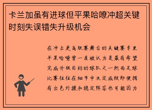 卡兰加虽有进球但平果哈嘹冲超关键时刻失误错失升级机会