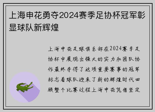 上海申花勇夺2024赛季足协杯冠军彰显球队新辉煌