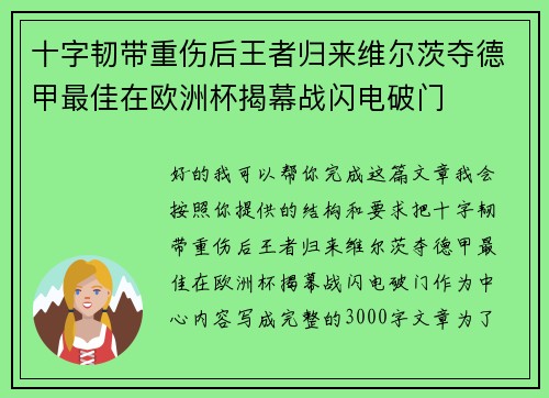 十字韧带重伤后王者归来维尔茨夺德甲最佳在欧洲杯揭幕战闪电破门