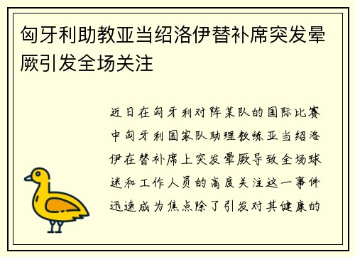 匈牙利助教亚当绍洛伊替补席突发晕厥引发全场关注